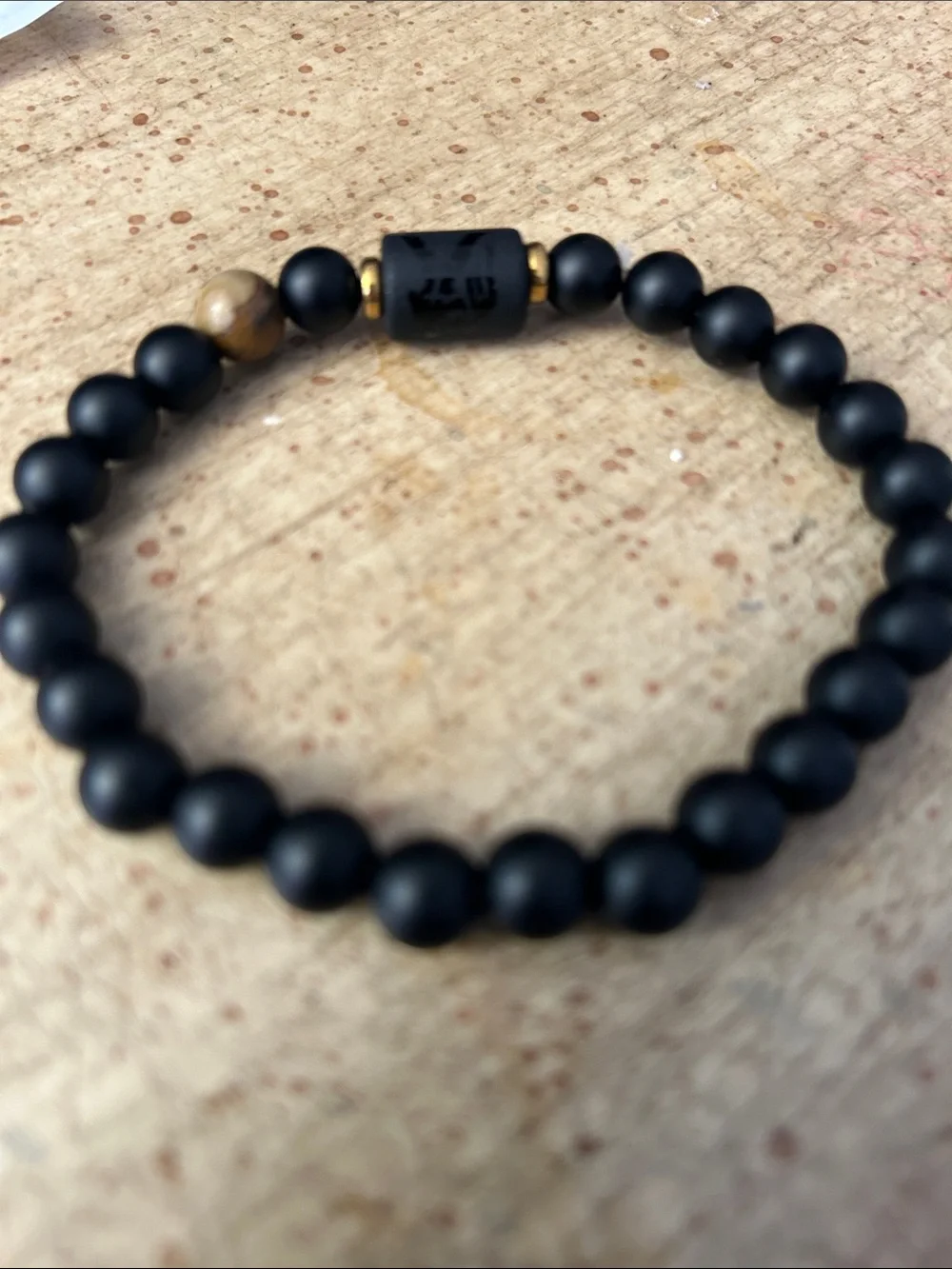 Matte Black Beaded Men's Stretch Bracelet with Brown Accent